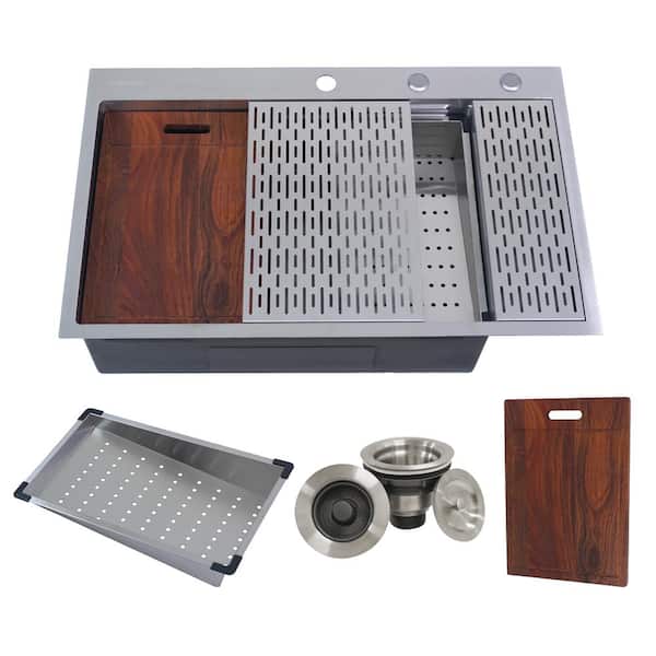 36 in. CozyBlock Honeycomb Embossed Single Bowl Drop-In Workstation Kitchen Sink 16-Gauge Stainless Steel w/ Drainboard