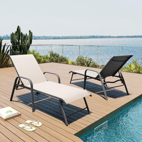 Pellebant Champagne 2-Piece Aluminum Adjustable Outdoor Patio Chaise Lounge in New Beige with Armrest