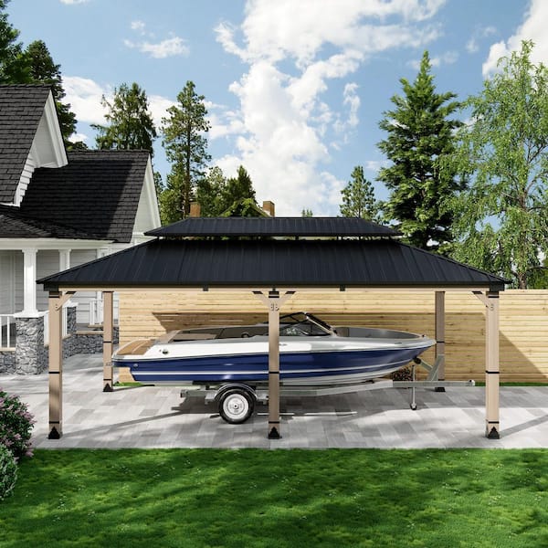 Greenwich 12 ft. x 20 ft. Outdoor Patio Cedar Frame Gazebo with Black Galvanized Steel Gable Hardtop