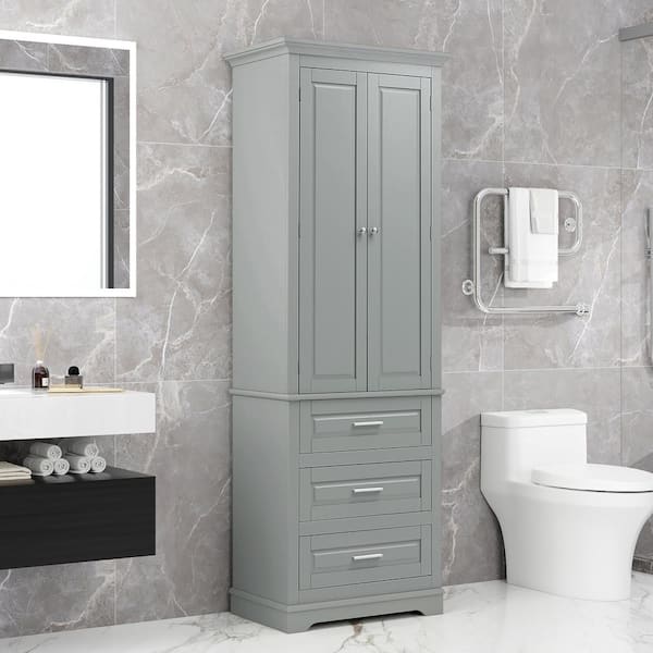 Unbranded Modern 24 in. W x 15.7 in. D x 70 in. H Gray Linen Cabinet Tall Floor Storage with 3-Drawers
