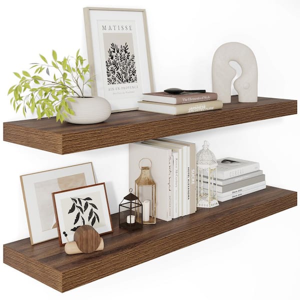 36 in. W x 12 in. D Walnut Floating Decorative Wall Shelf (Set of 2)