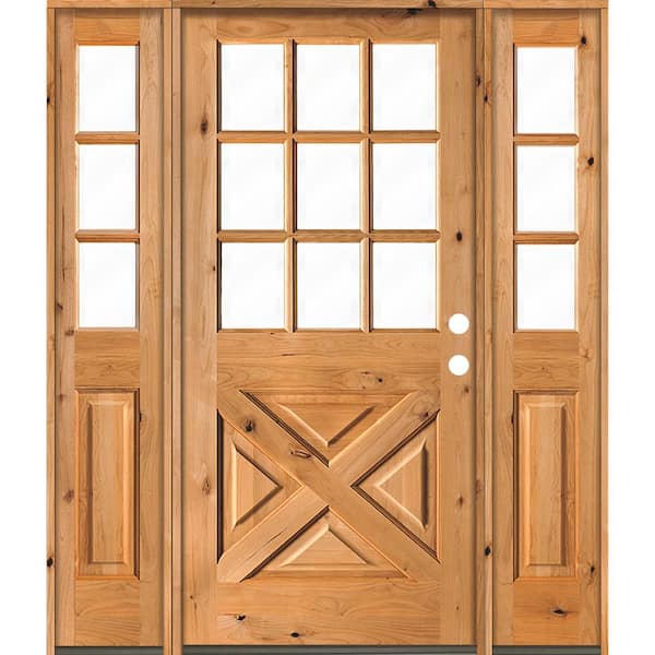 Krosswood Doors 60 in. x 80 in. Knotty Alder 2 Panel Left-Hand/Inswing Clear Glass Clear Stain Wood Prehung Front Door w/Double Sidelite
