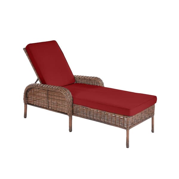 Hampton Bay Cambridge Brown Wicker Outdoor Patio Chaise Lounge with CushionGuard Chili Red Cushions