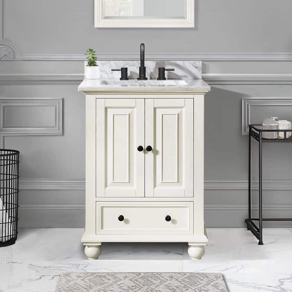 Lahoomu 24 Inch Bathroom Vanity Cabinet With Ceramic Sink – 2 Drawers, 1 Door, White Finish, Space-Saving Design