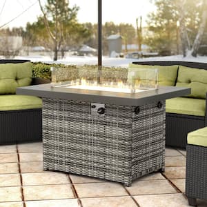 Lutten Gray Rectangle 55,000 BTU Wicker Outdoor Fire Pit Table With Tempered Glass Windshield