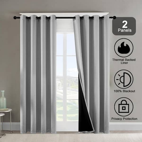 Gray Grommets Thermal Insulated with Coated Lining 52 in. W x 84 in. L Indoor Blackout Curtains (Set of 2)
