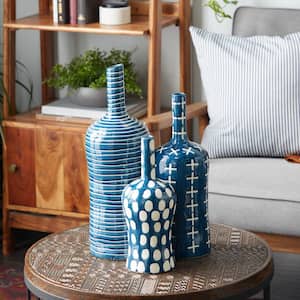 12 in., 15 in., 19 in. Blue Ceramic Decorative Vase with Varying Patterns (Set of 3)