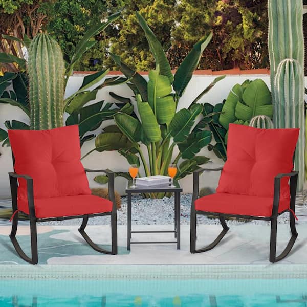 Runesay Metal Outdoor Rocking Chair with Red Cushions 3-Piece Rocking Bistro Set Patio Steel Conversation Glass Coffee Table