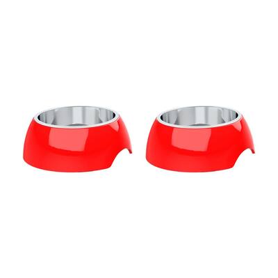 12 oz. Plastic Food and Water Bowls for Dogs or Cats with Stainless Steel Inserts and Non-Slip Feet in Red (Set of 2)