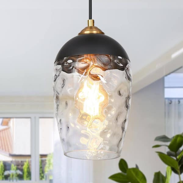 1-Light Mini Hanging Pendant Light, Black Kitchen Island Pendant Light, Brass Gold Entryway Chandelier with Water Glass