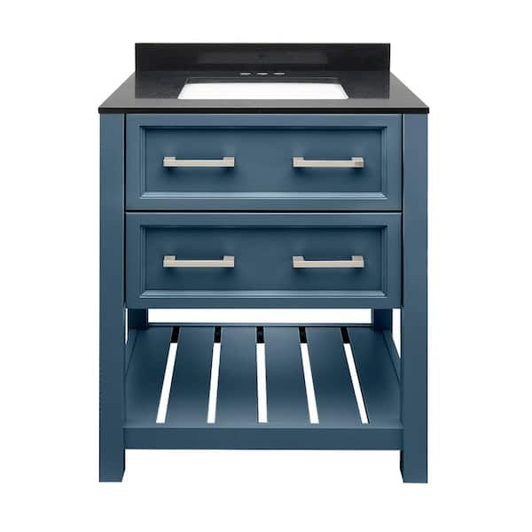 Amluxx Milan 25 in. W x 19 in. D x 36 in. H Bath Vanity in Navy Blue with Quartz Stone Vanity Top in Galaxy Black