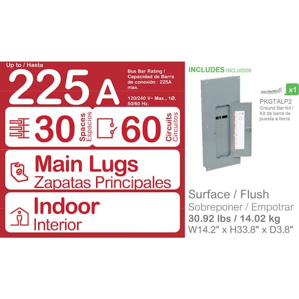 Homeline 225 Amp 30-Space 60-Circuit Indoor Convertible Main Lugs Load Center with Cover