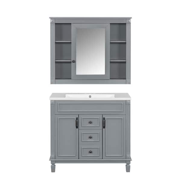 36 in. W x 18 in. D x 34 in. H Single Sink Freestanding Bath Vanity in Gray with White Ceramic Top and Mirror Cabinet