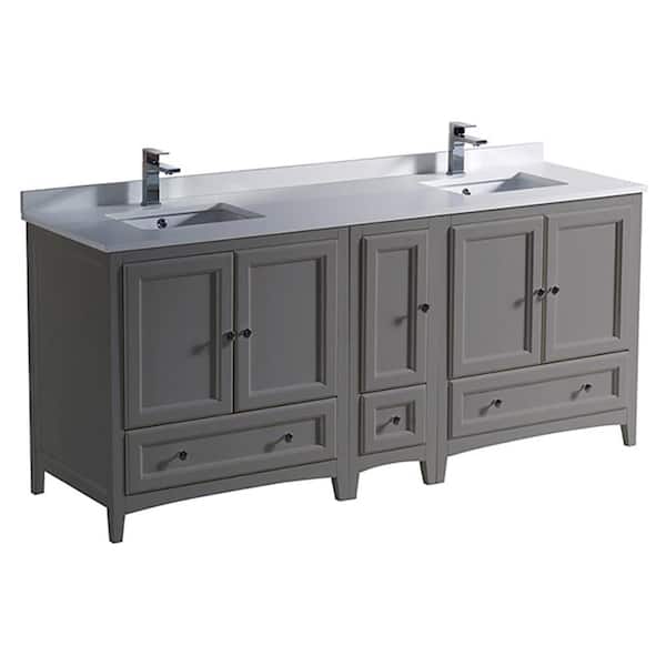 Fresca Oxford 72 in. Traditional Double Bath Vanity in Gray with Quartz Stone Vanity Top in White with White Basins and Mirrors