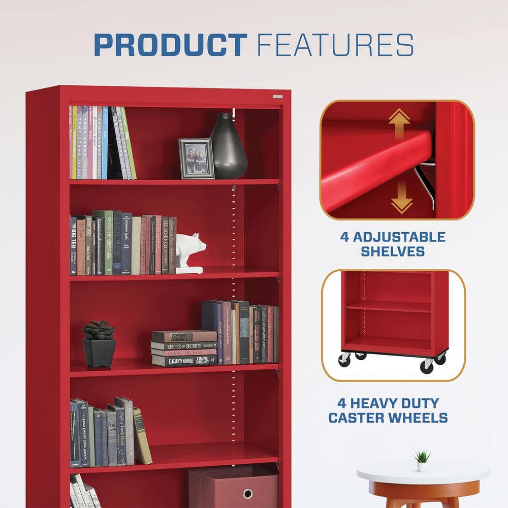 Red Steel Mobile Bookcase with Adjustable Shelves, 78" Height