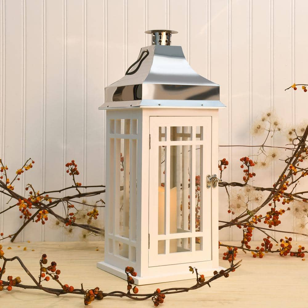 Elegant White Wood and Chrome LED Lantern, Flameless Ambient Light