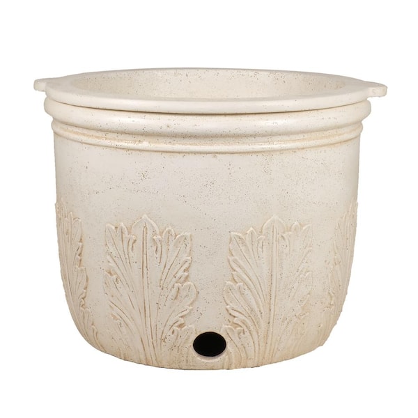 MPG 24 in. x 22 in. D Cast Stone Hose Pot and Planter - Aged White