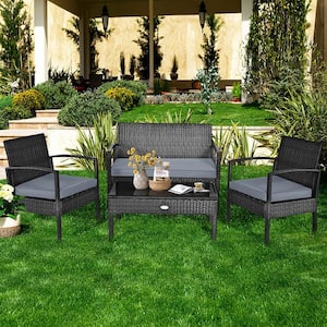 4-Pieces Rattan Wicker Garden Patio Furniture Set Black Rattan with Gray Cushion