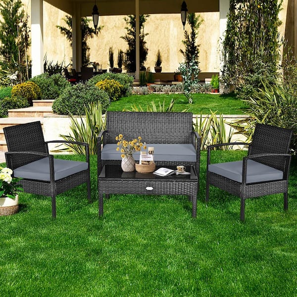 4-Pieces Rattan Wicker Garden Patio Furniture Set Black Rattan with Gray Cushion