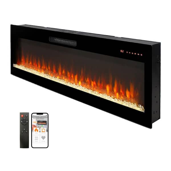 50 in. D Black Electric Fireplace, Recessed and Wall Mounted Fireplace