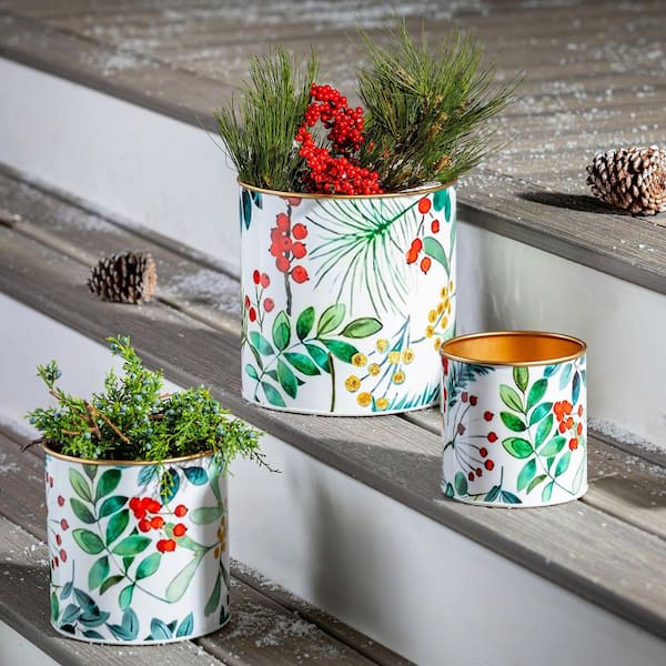 10 in. Festive Foliage Metal Printed Planters, Set of 3