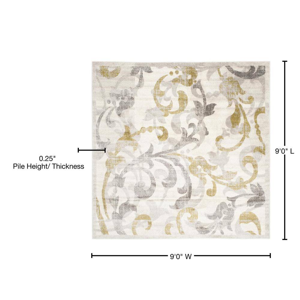 Ivory Light Grey Floral Square Synthetic Easy-Care Rug