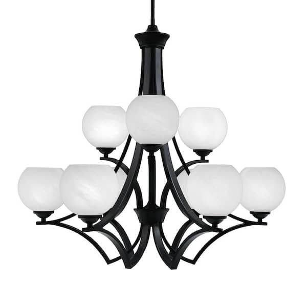 Unbranded Clevelend 9-Light Matte Black Chandelier, Round Chandelier with 5.75 in. White Marble Glass Shades, No bulbs included