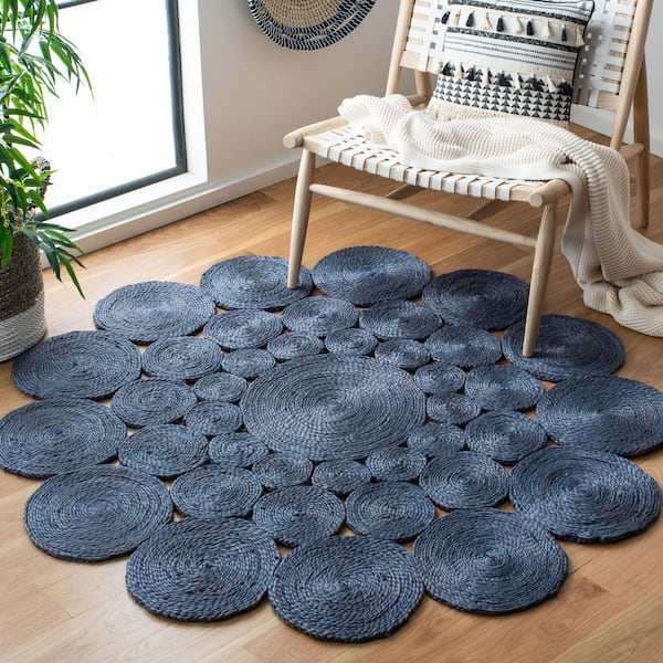 Natural Fiber Navy Doormat 3 ft. x 3 ft. Woven Floral Round Area Rug