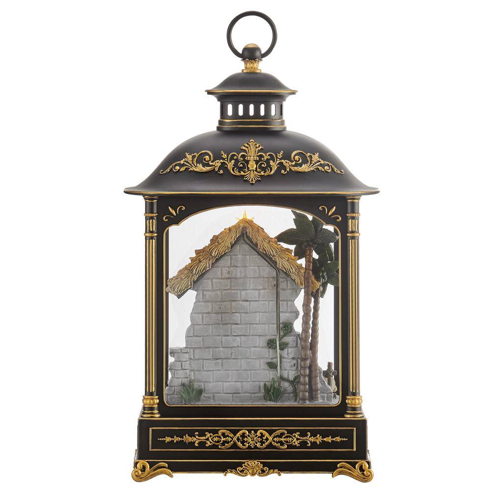 Antique Black and Gold Nativity Diorama Lantern with Light