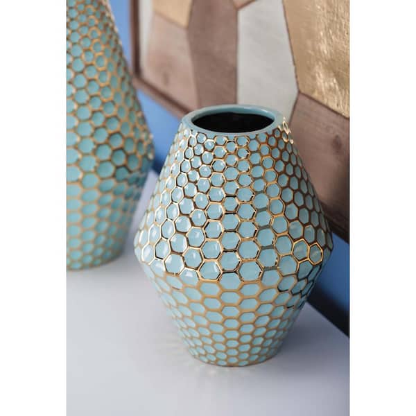 Litton Lane 10 in. Rhombus Honeycomb Blue and Gold Ceramic Decorative Vase