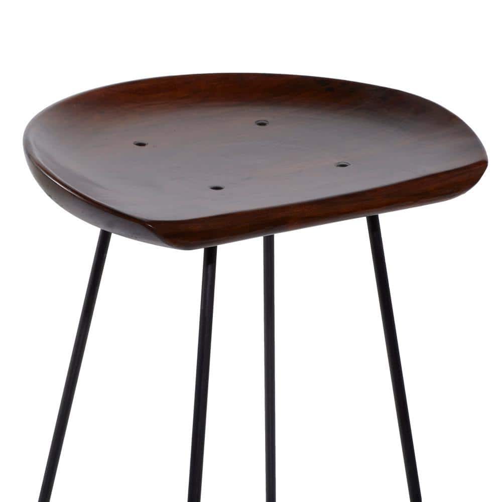 Adjustable Brown Acacia Wood and Metal Saddle Bar Stool
