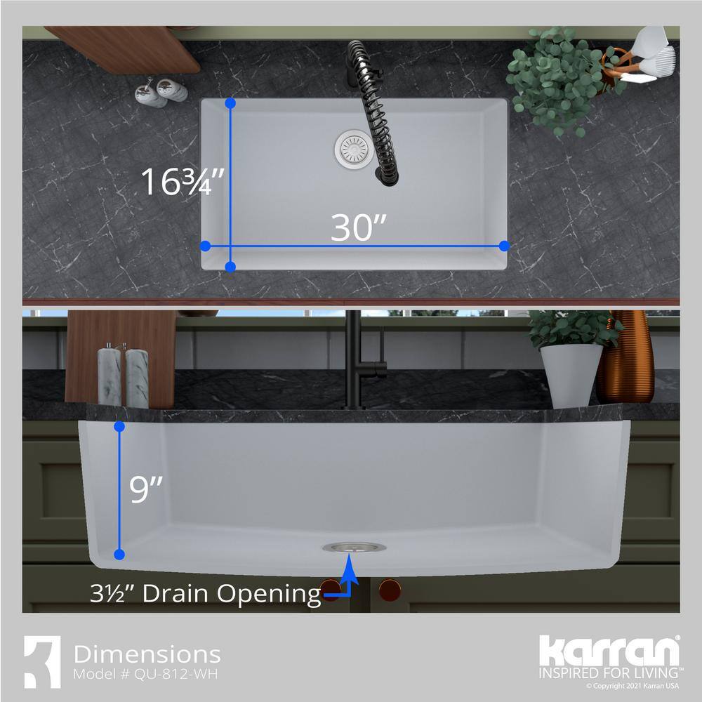 White Quartz 32'' Large Single Bowl Undermount Kitchen Sink