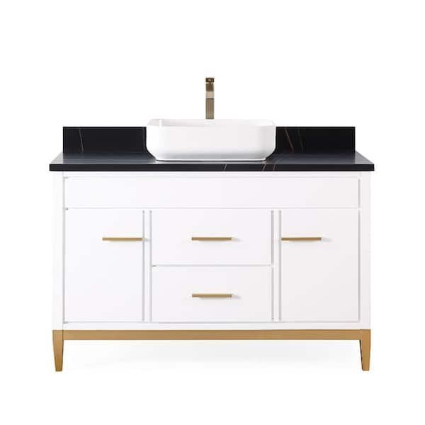 Benton Collection Beatrice 48 in. W x 22 in. D x 35.50 in. H Vessel Sink Style Bathroom Vanity in White Color with Black St Laurent Top