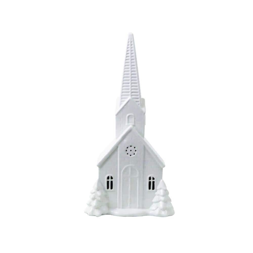 18 in. White Plug in Ceramic Church Decor with Yellow Tungsten Bulb