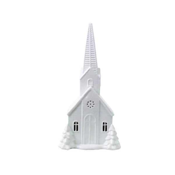 Alpine Corporation 18 in. White Plug in Ceramic Church Decor with Yellow Tungsten Bulb