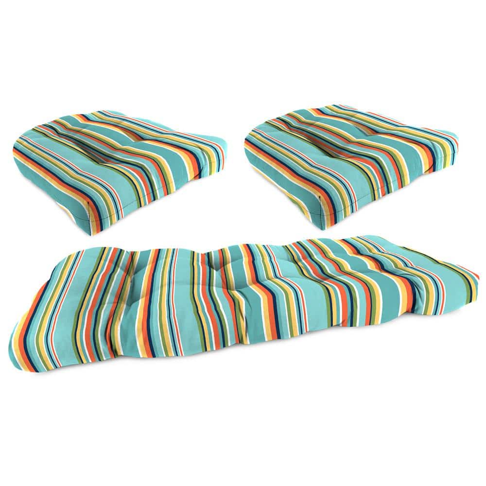 Turquoise Stripe Tufted Outdoor Wicker Cushion Set