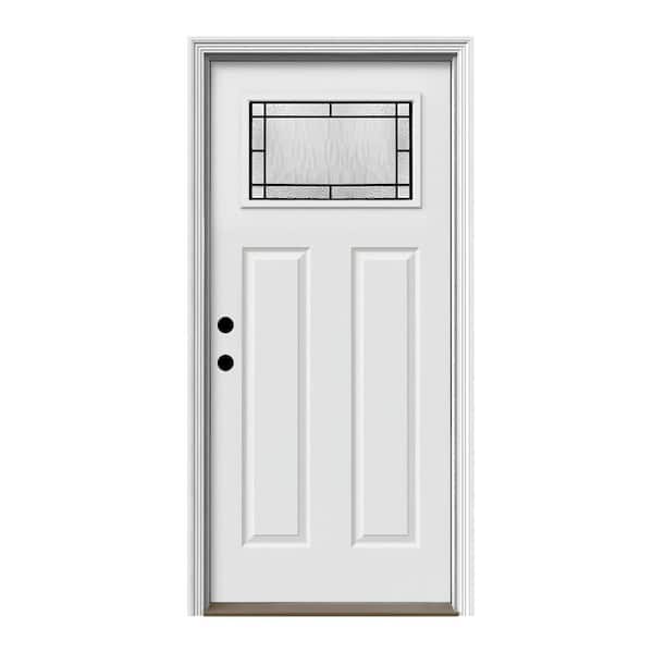 JELD-WEN 36 in. x 80 in. Right-Hand/Inswing Wendover Craftsman Decorative Glass Primed Steel Prehung Front Door with Brickmould