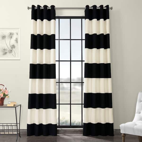 Exclusive Fabrics & Furnishings Onyx Black and Off White Striped Grommet Room Darkening Curtain - 50 in. W x 108 in. L (1 Panel)
