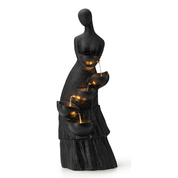 Glitzhome 39.75 in. H Outdoor Waterfall 5-Tiered Modern Abstract Women Sculpture Polyresin Fountain with Pump and LED Light