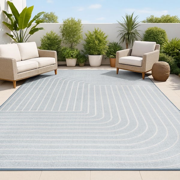 JONATHAN Y Odense High-Low Minimalist Angle Geometric Light Blue/Cream 3 ft. x 5 ft. Indoor/Outdoor Area Rug
