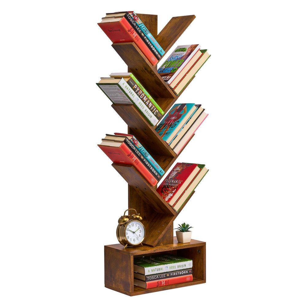7 Tier Tree Bookshelf, 44.25 in. Brown Wood 7-Shelf Accent Bookcase with Storage Shelf, Cable Access, and Non-Slip Pads