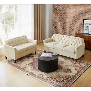 Eulalia 2-Piece in. W in Rolled Arm Polyester Upholstered Transitional Nailhead Rectangle Sofa Set in Beige