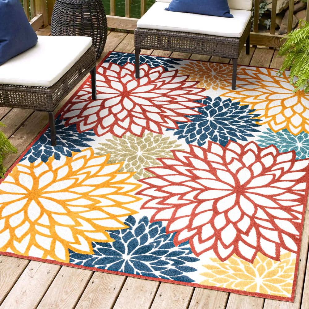Minori Cream Red Blue Floral Synthetic Indoor Outdoor Rug