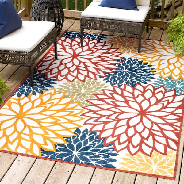 JONATHAN Y Minori Cream/Red/Blue 3 ft. x 5 ft. Floral Indoor/Outdoor Area Rug