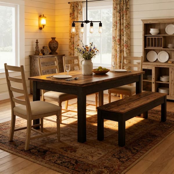 Roesler 3-Piece Rectangle Dark Brown Wood Top Dining Table Set Kitchen Table Set Dinette Set Seats 6 (1 Table & 2 Bench)