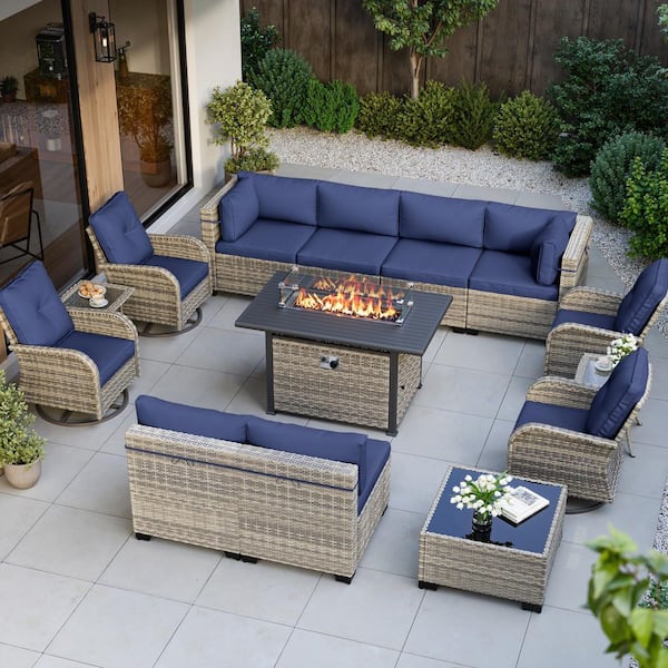 14-Piece Wicker Patio Conversation Set with Fire Pit Table and Top Table. Swivel Rocking Chairs with Navy Blue Cushions