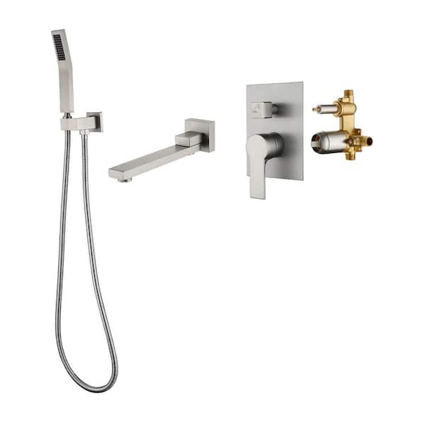 Single-Handle 1.8 GPM Wall Mount Roman Tub Faucet with 7-Spray Hand Shower Brass Bathtub Fillers in Brushed Nickel