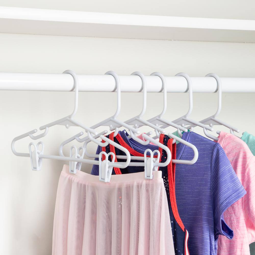 White Plastic Kids Clothes Hangers with Removable Clips, Set of 18