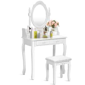 4-Drawer White Makeup Vanity Sets with 360° Rotatable Mirror and Cushioned Mirror