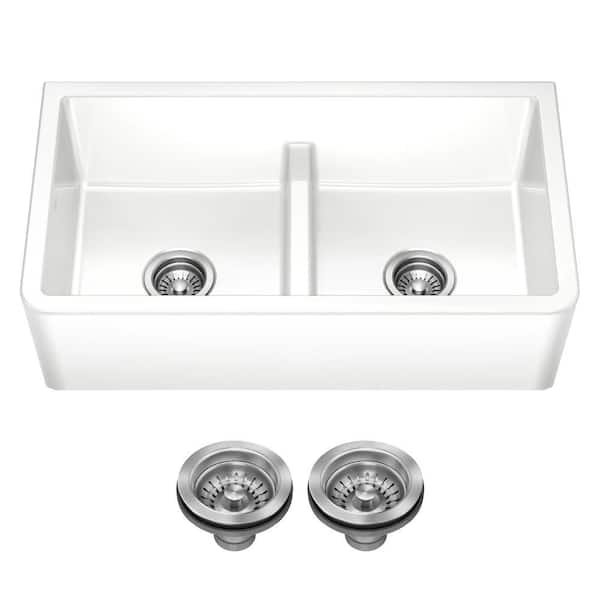 Turino 33 Fireclay Farmhouse Kitchen Sink Reversible Apron Front Double Bowl with Low Divider in Gloss White